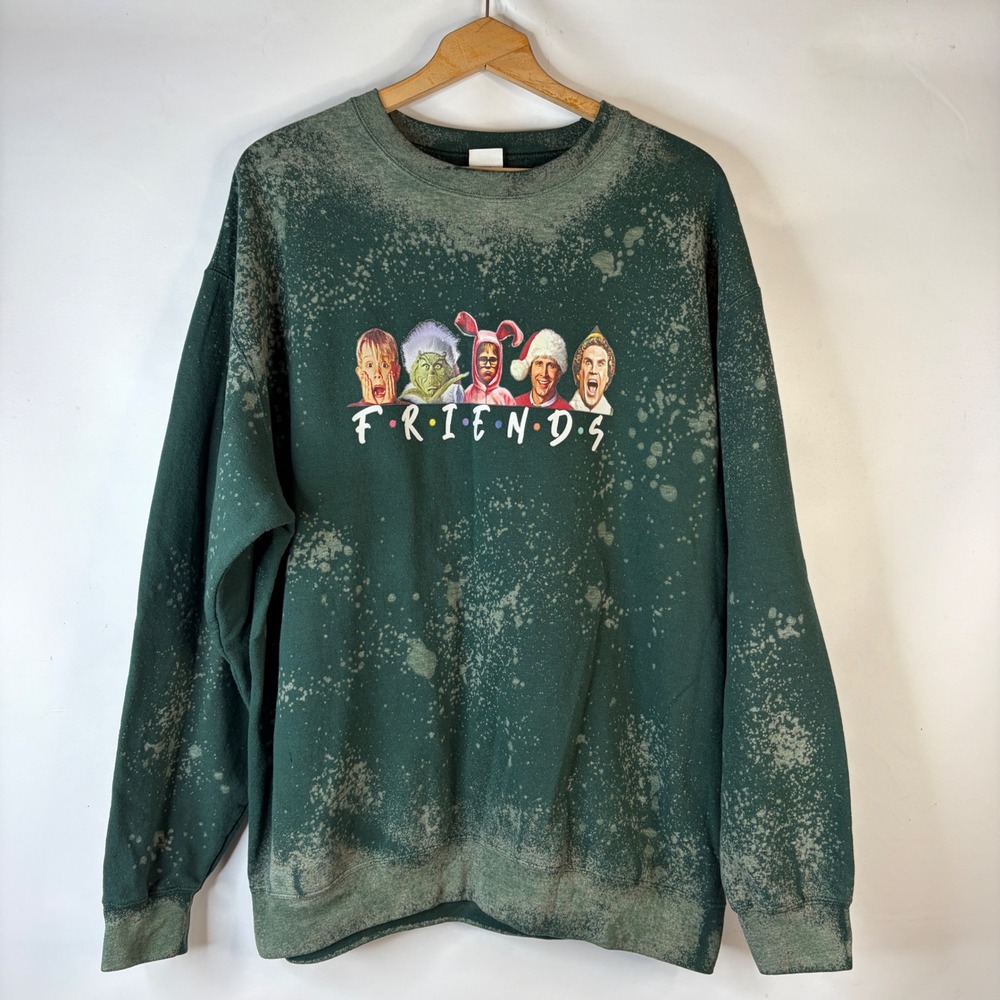 Holiday Sweatshirt Women 2XL Green Christmas Friends Movie Graphic Bleached